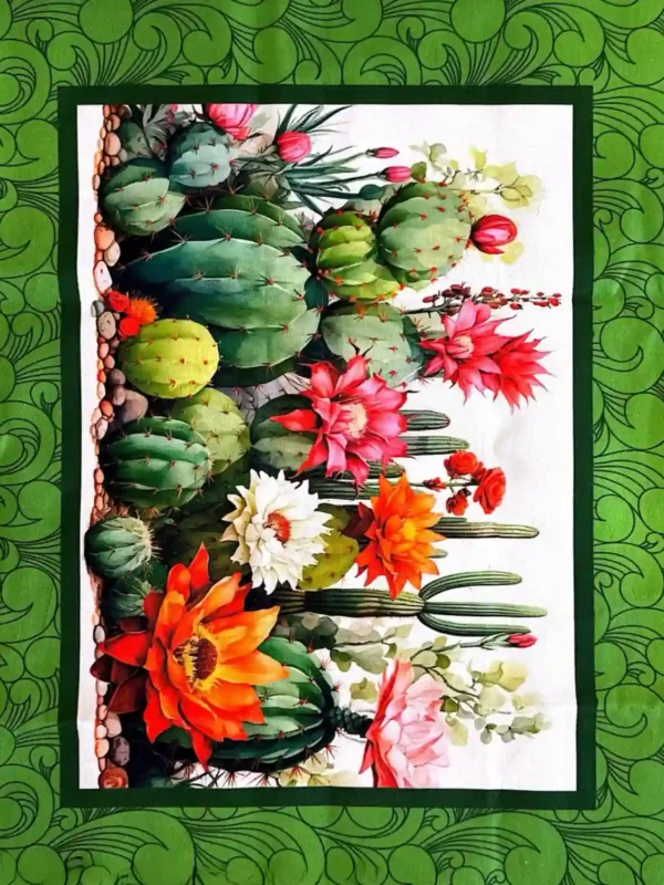 Estampa de cactos e suculentas em tons de verde e terrosos no Jogo Americano Viva México sarja impermeavel