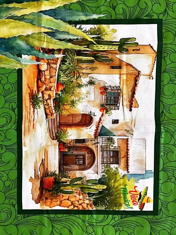 Detalhe de fachada de casa mexicana com cactos ornamentais no Jogo Americano Viva México sarja impermeavel da Sacrum Cor.