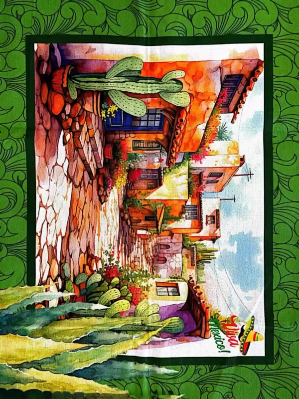 Ilustração digital de rua mexicana com escadarias e vegetação típica no Jogo Americano Viva México sarja impermeavel