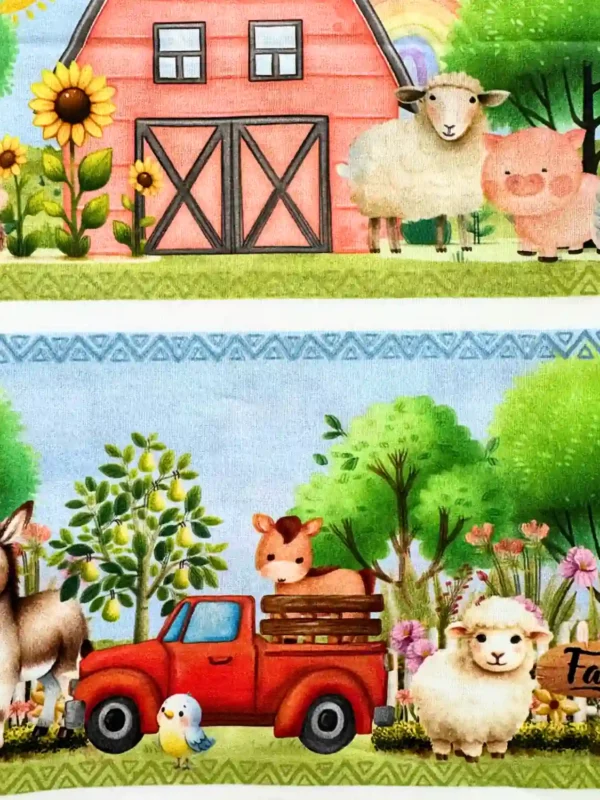 Caminhonete vermelha e animais no Tecido Tricoline Barrado Fazendinha 94364/001D na Sacrum.