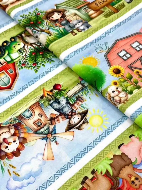 Visão geral do Tecido Tricoline Barrado Fazendinha 100% algodão 94364/001D com estampa digital na Sacrum.