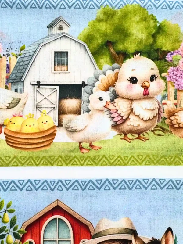 Detalhe do celeiro branco e pintinhos no Tecido Tricoline Barrado Fazendinha 94364/001D.