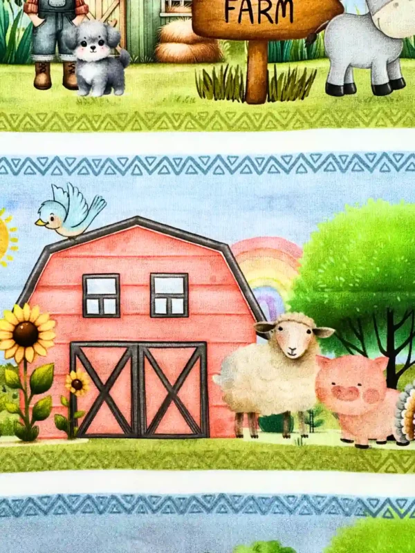 Ilustração de celeiro vermelho e ovelha no Tecido Tricoline Barrado Fazendinha 94364/001D.