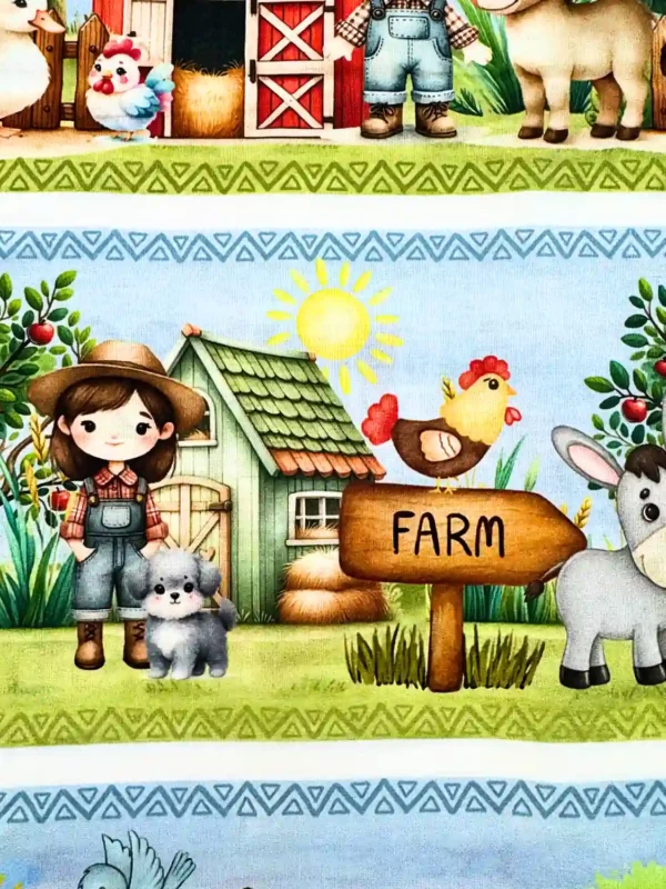 Estampa digital de menina e placa "Farm" no Tecido Tricoline Barrado Fazendinha 94364/001D.