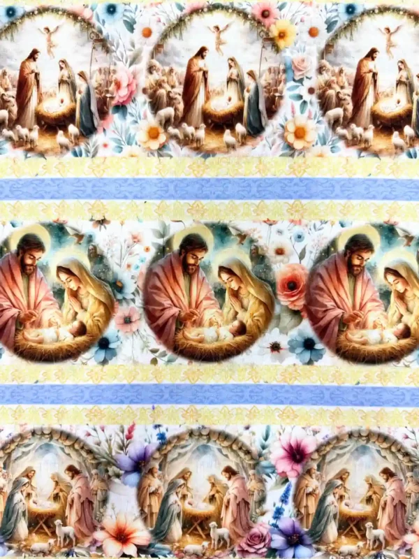 Detalhe das faixas de barrado com a cena do Presépio no Tecido Tricoline Barrado Sagrada Família.