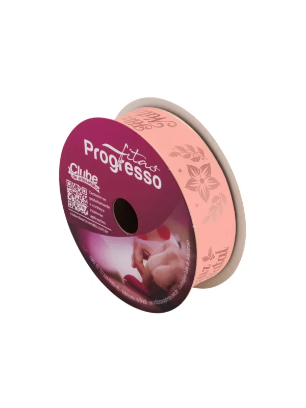 Detalhe da estampa rose gold na Fita de Cetim Feliz Natal 22mm Rosa Fitas Progresso.