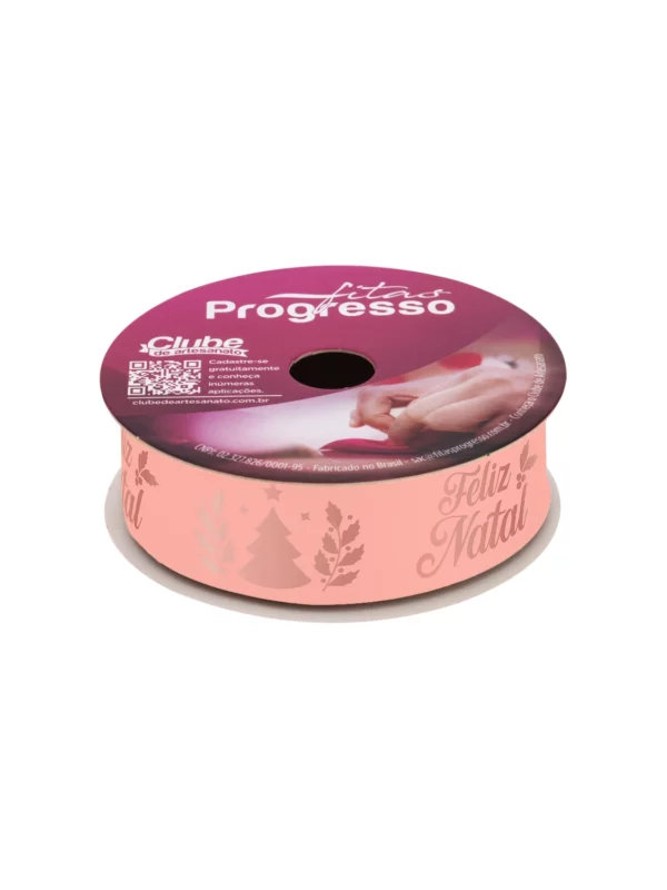 Vista frontal do rolo de Fita de Cetim Feliz Natal 22mm Rosa Fitas Progresso.