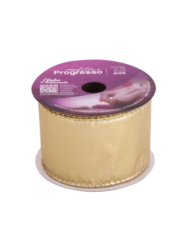 Vista frontal do rolo da Fita de Natal Aramada Dourada 63mm mostrando a trama estruturada.