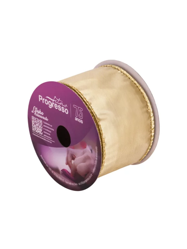 Detalhe lateral da Fita de Natal Aramada Dourada 63mm referência MC026-063 203 para decoração.