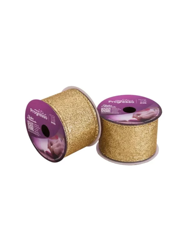 Sacrum cor | Tecidos Digitais, Tricolines e Barrados 22 Fita de Natal Aramada Dourada com Glitter 63mm Fitas Progresso destacando o brilho sofisticado e a largura.