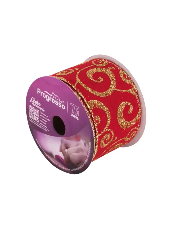 Detalhe do acabamento aramado e brilho da Fita de Natal Aramada Vermelha e Dourada disponível na Sacrum.