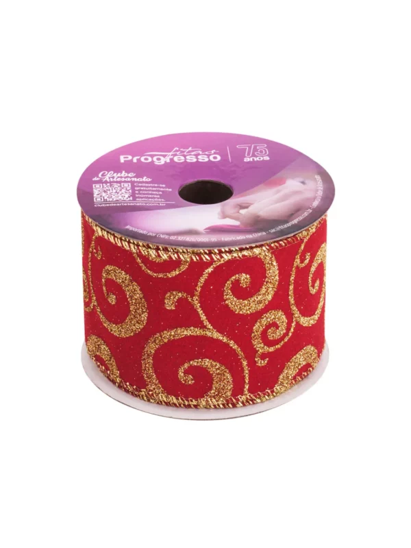 Vista frontal do rolo de Fita de Natal Aramada Vermelha e Dourada modelo FCG015 cor 209.