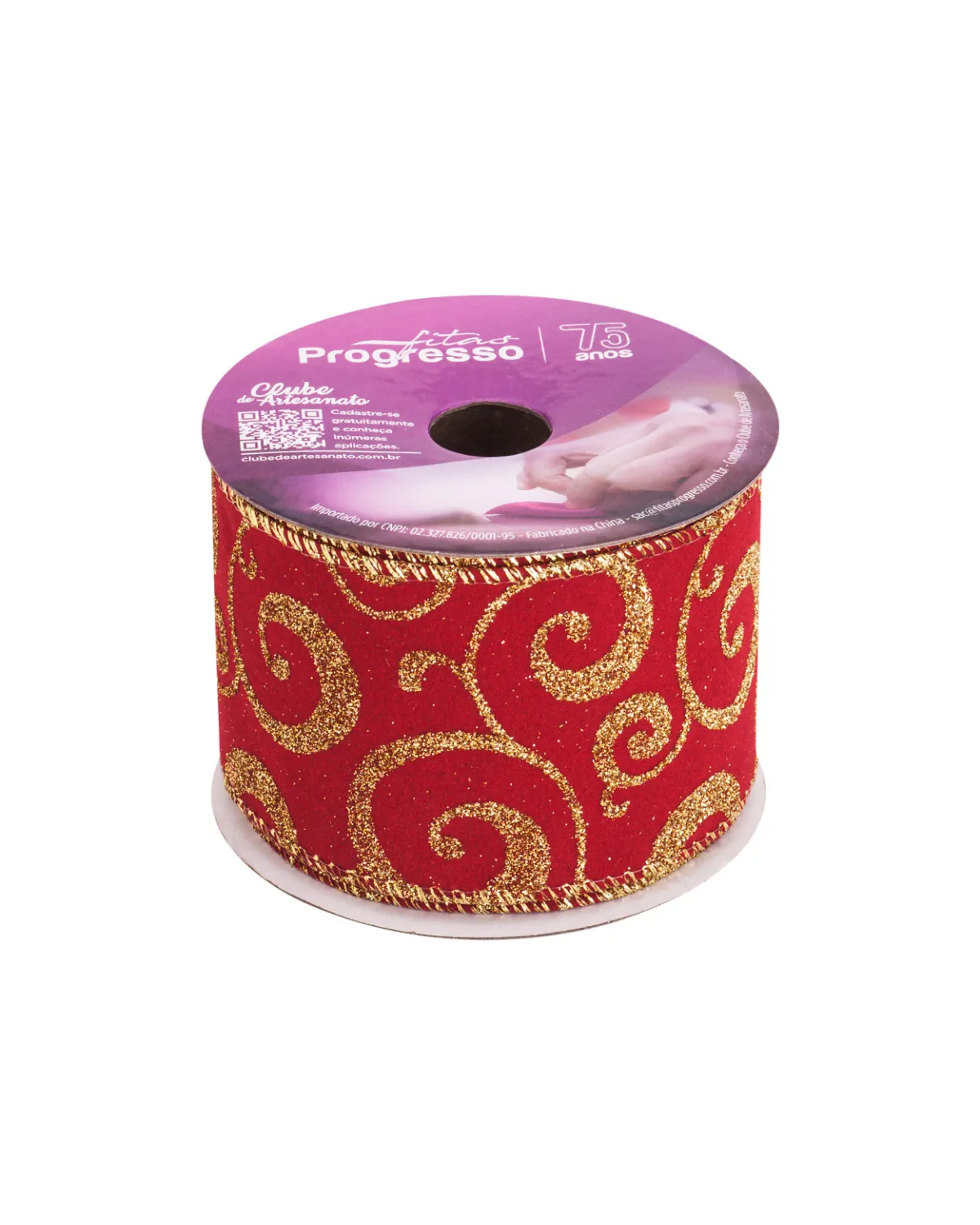 Fita de Natal Aramada Vermelha e Dourada 63mm FCG015 - Sacrum 2 Vista frontal do rolo de Fita de Natal Aramada Vermelha e Dourada modelo FCG015 cor 209.