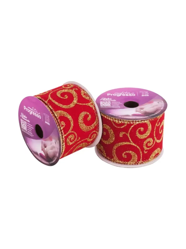 Sacrum cor | Tecidos Digitais, Tricolines e Barrados 10 Fita de Natal Aramada Vermelha e Dourada de 63mm para decoração de árvores na Loja Sacrum.