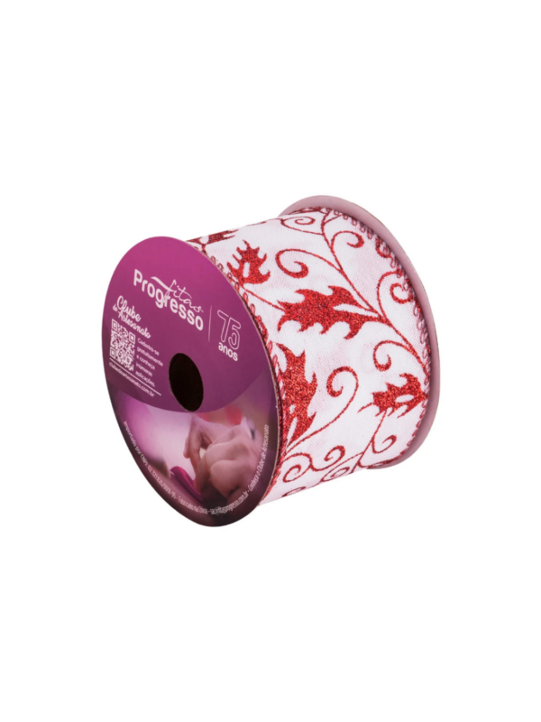 Detalhe da estampa de Papai Noel e árvores da Fita de Natal Aramada Branca e Vermelha.