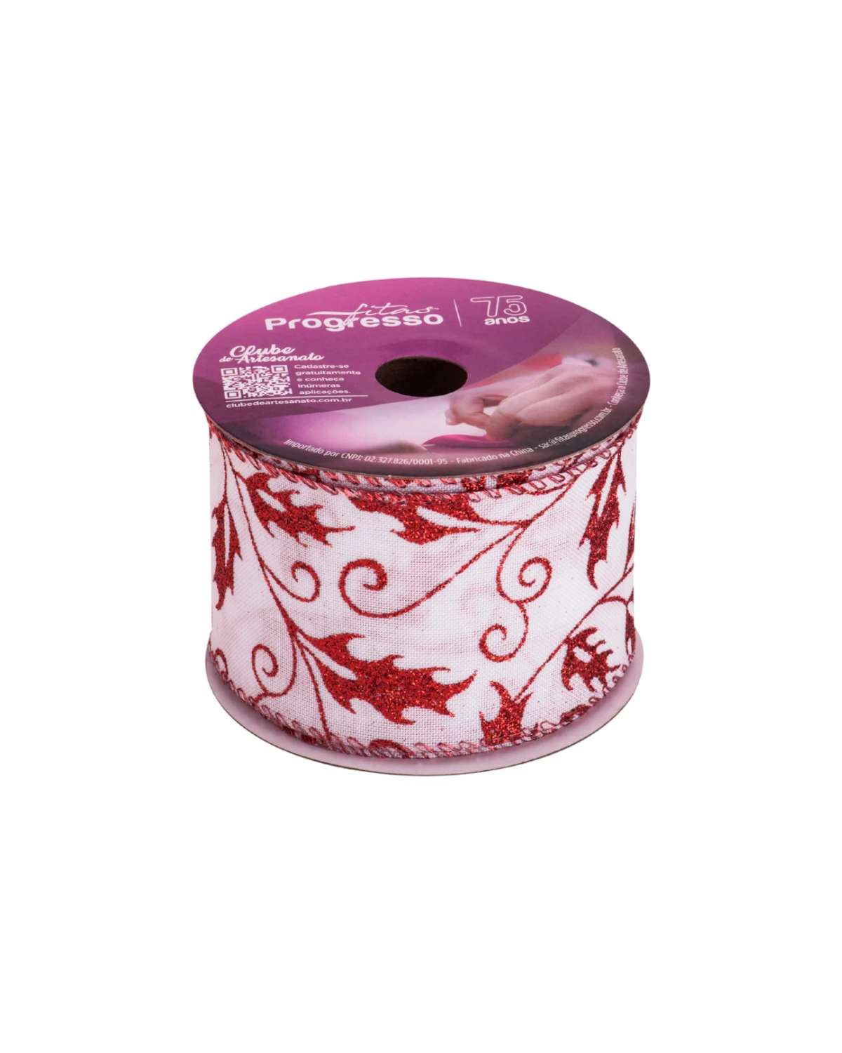 Fita de Natal Aramada Branca e Vermelha 63mm TCR045 - Sacrum 2 Vista frontal da Fita de Natal Aramada Branca e Vermelha modelo TCR045.