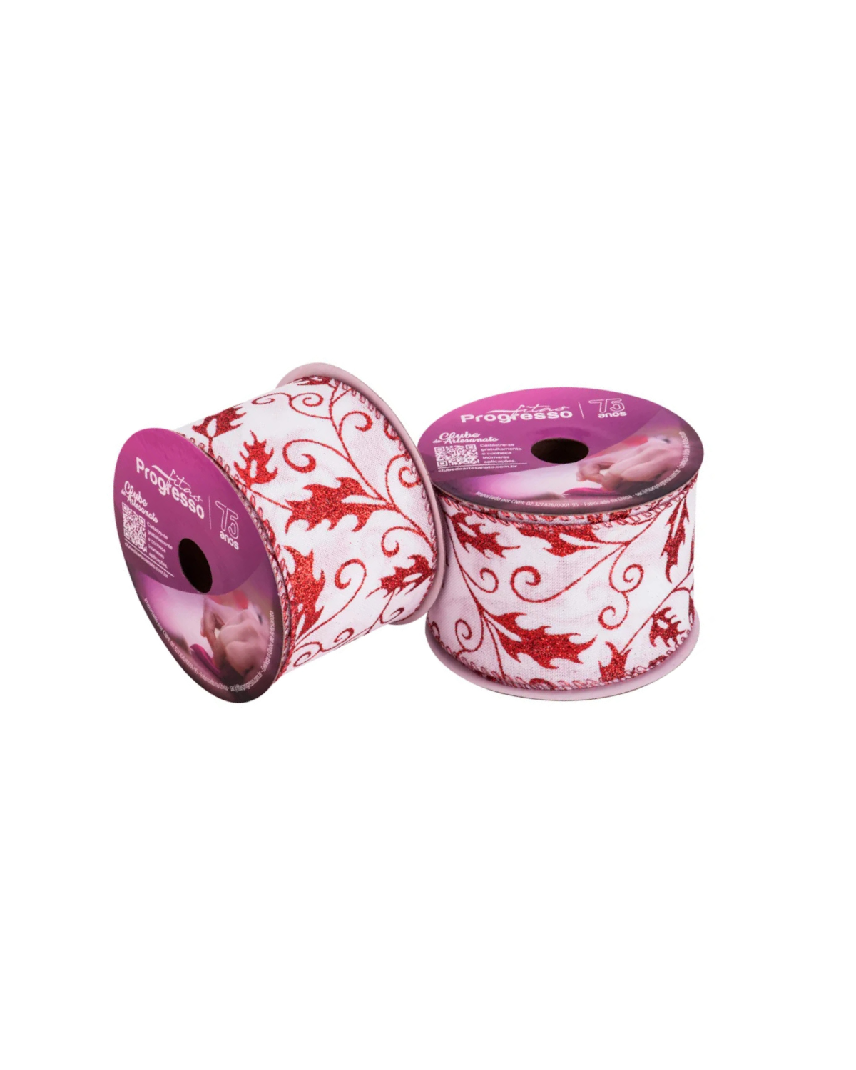 Fita de Natal Aramada Branca e Vermelha 63mm TCR045 - Sacrum 1 Fita de Natal Aramada Branca e Vermelha de 63mm (TCR045) em ângulo na Loja Sacrum.