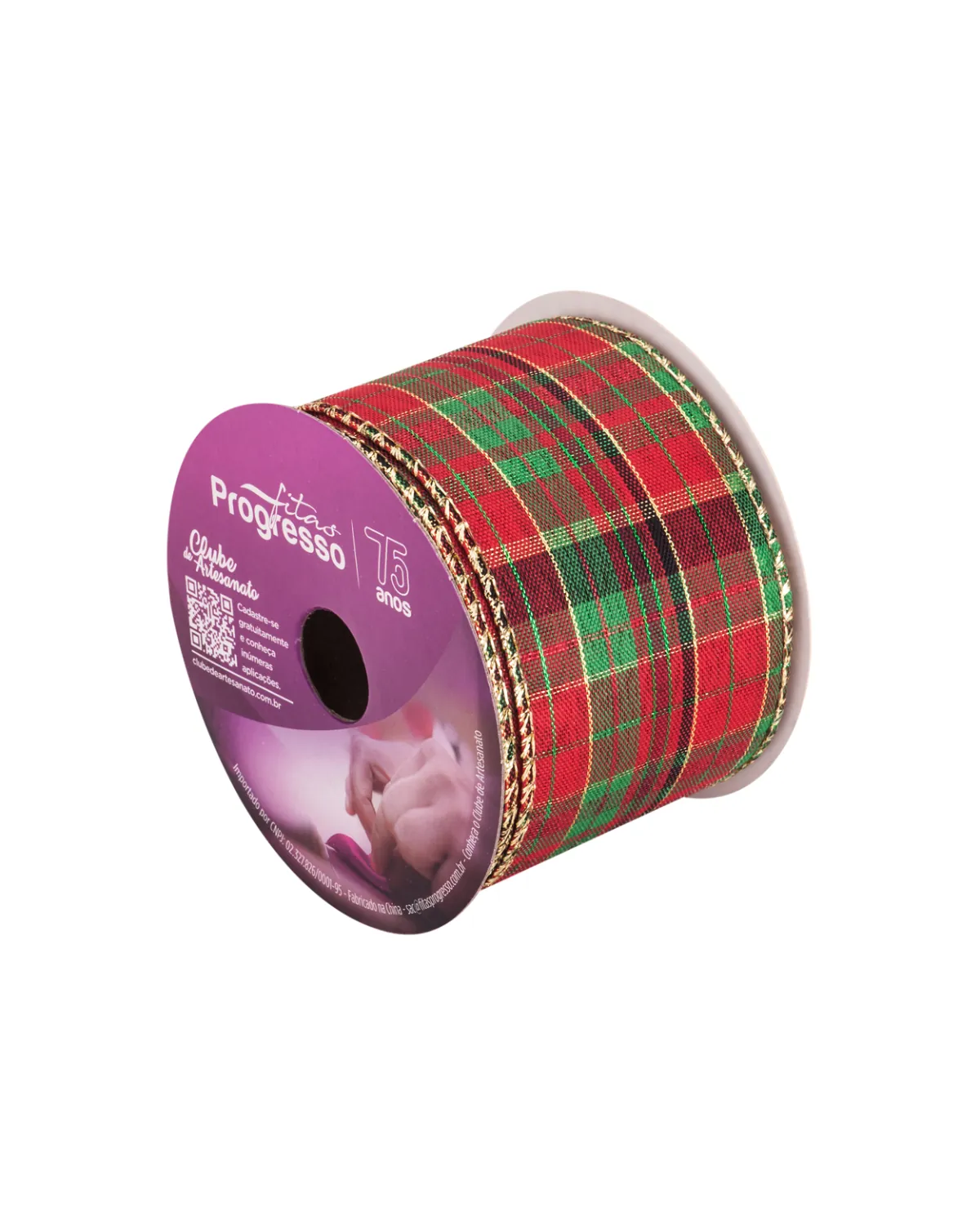 Fita de Natal Aramada Xadrez 63mm XC025 - Sacrum 2 Detalhe da ourela dourada e trama da Fita de Natal Aramada Xadrez disponível na Sacrum.