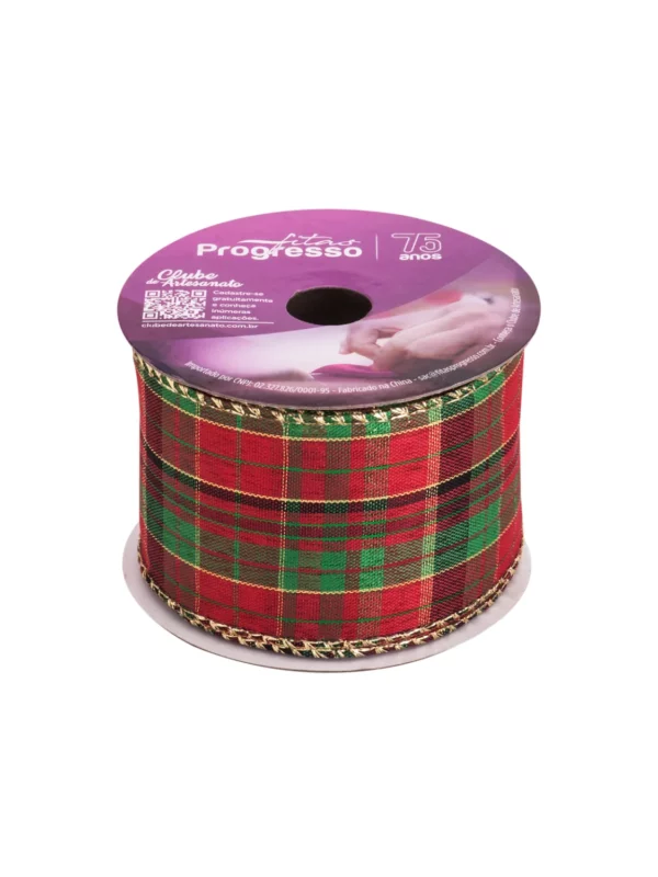 Vista frontal do rolo de Fita de Natal Aramada Xadrez modelo XC025 cor 001.