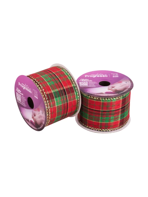 Sacrum cor | Tecidos Digitais, Tricolines e Barrados 23 Fita de Natal Aramada Xadrez de 63mm com borda dourada em ângulo na Loja Sacrum.