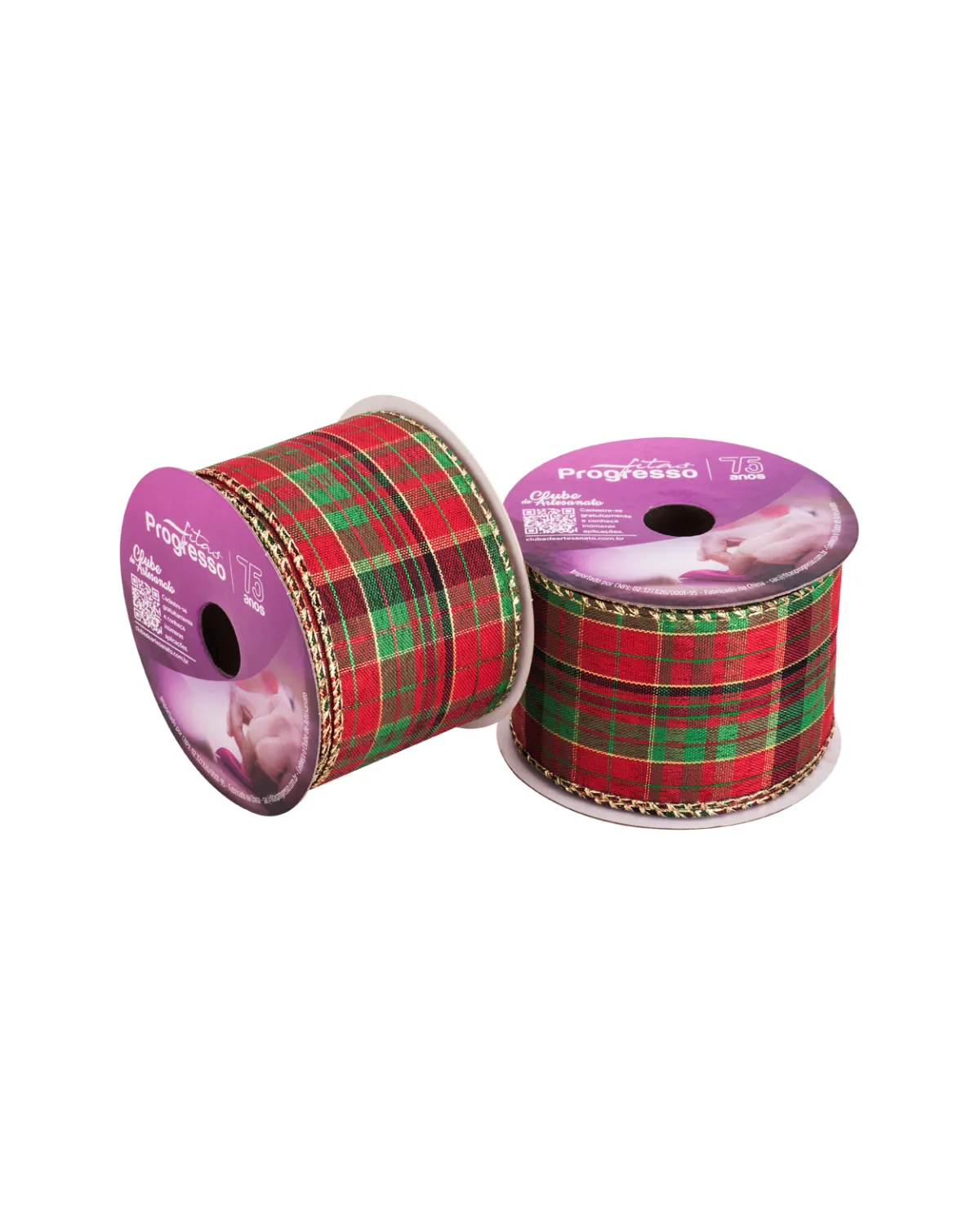 Fita de Natal Aramada Xadrez 63mm XC025 - Sacrum 1 Fita de Natal Aramada Xadrez de 63mm com borda dourada em ângulo na Loja Sacrum.