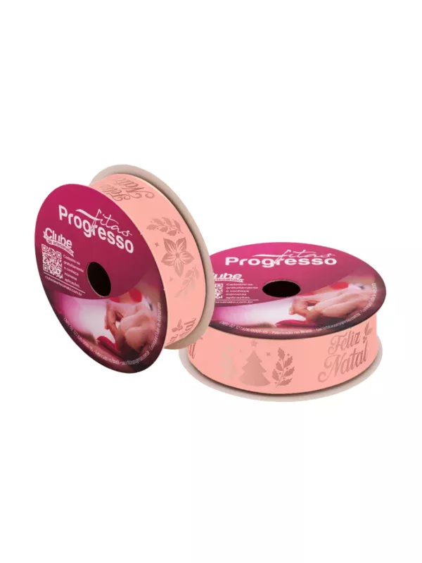 Fita de Cetim Feliz Natal 22mm Rosa Fitas Progresso – Rolo 10m para decoração natalina.