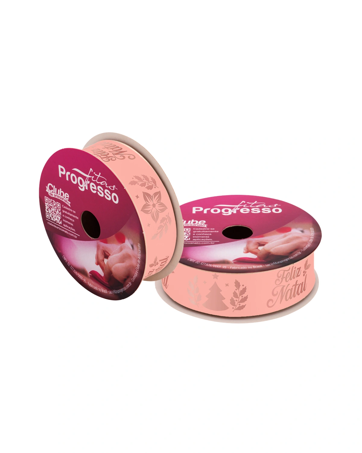 Fita de Cetim Feliz Natal 22mm Rosa Fitas Progresso – Rolo 10m para decoração natalina.