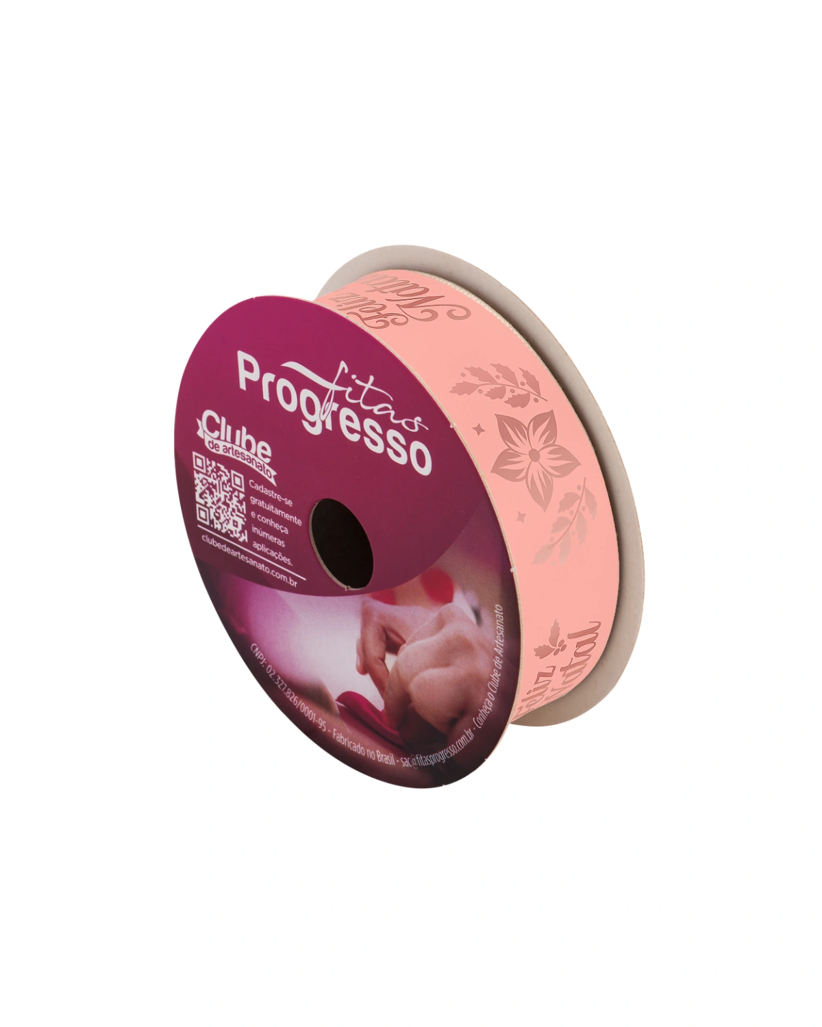 Detalhe da estampa rose gold na Fita de Cetim Feliz Natal 22mm Rosa Fitas Progresso.