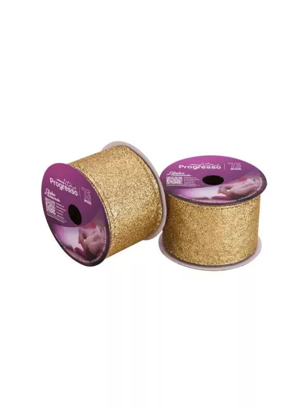 Fita de Natal Aramada Dourada com Glitter 63mm Fitas Progresso destacando o brilho sofisticado e a largura.