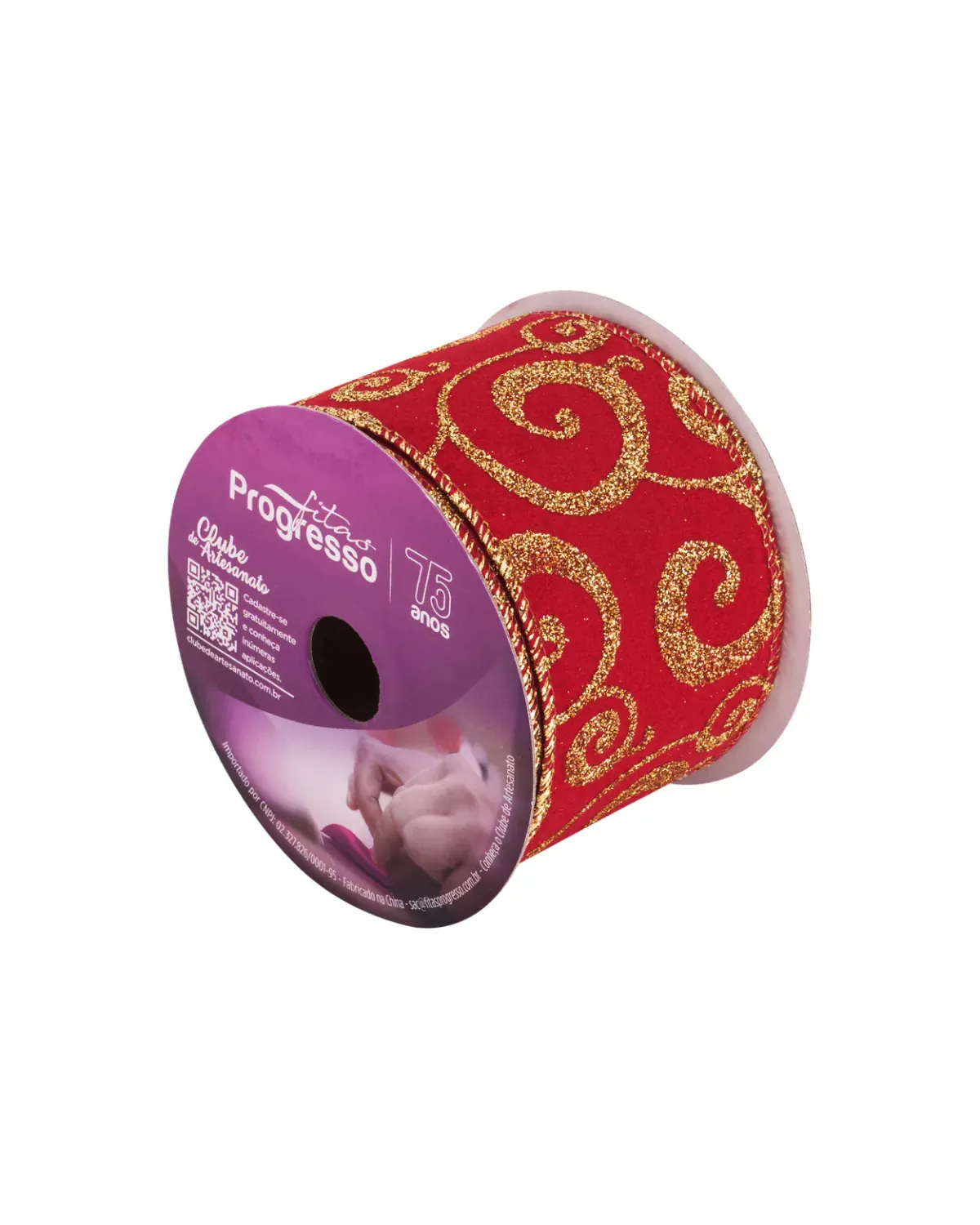 Detalhe do acabamento aramado e brilho da Fita de Natal Aramada Vermelha e Dourada disponível na Sacrum.
