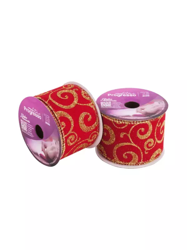 Fita de Natal Aramada Vermelha e Dourada de 63mm para decoração de árvores na Loja Sacrum.