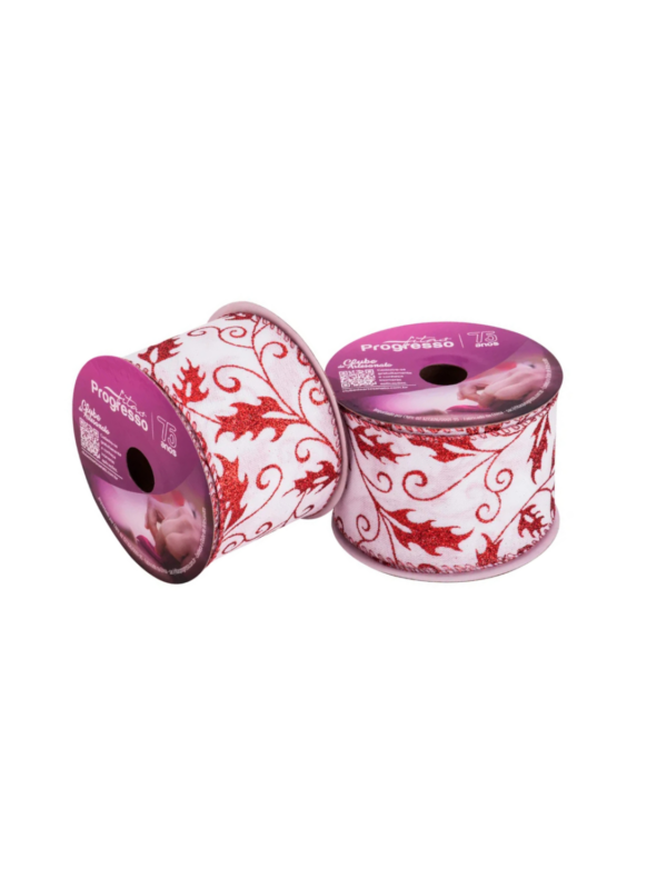 Fita de Natal Aramada Branca e Vermelha de 63mm (TCR045) em ângulo na Loja Sacrum.